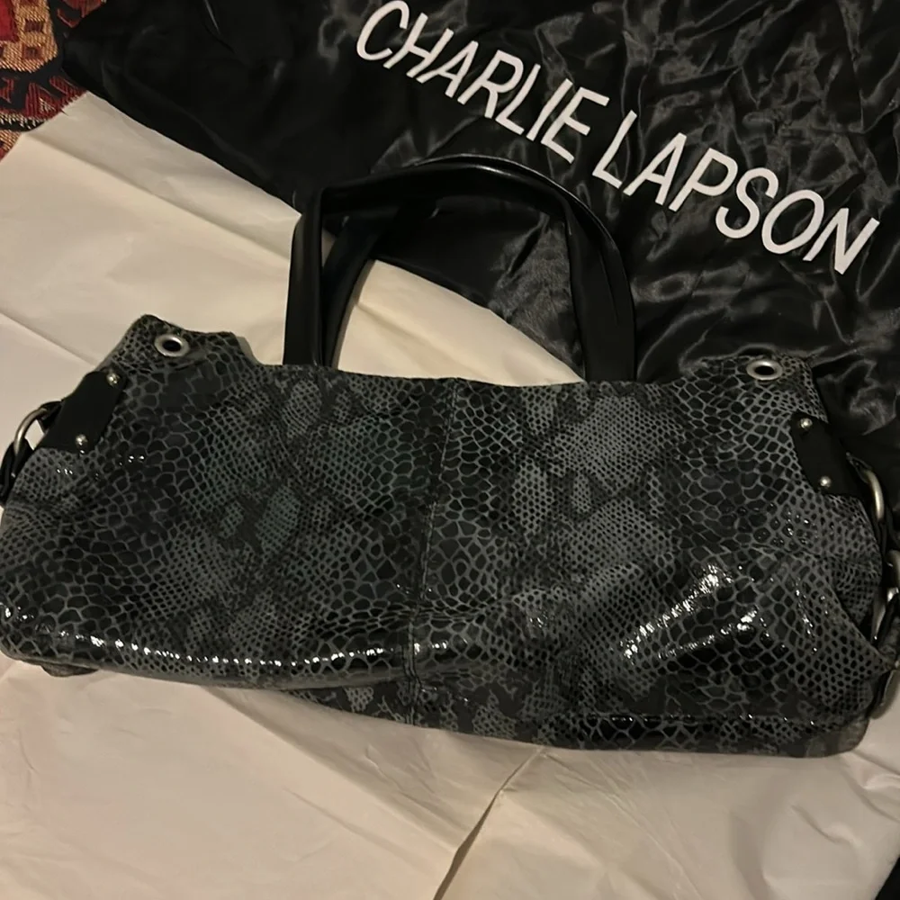 Charlie Lapson leather -Grey black Snake print Bag -removable shoulder strap - Picture 7 of 8